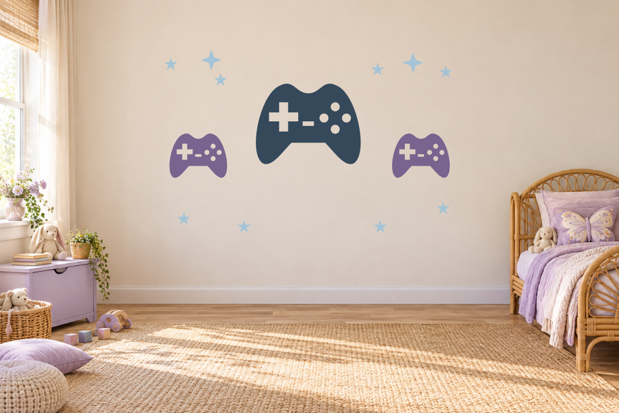Game controller wall decal kit with dark blue and purple star accents