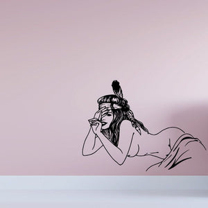 Native American woman line art decal with long hair and headband