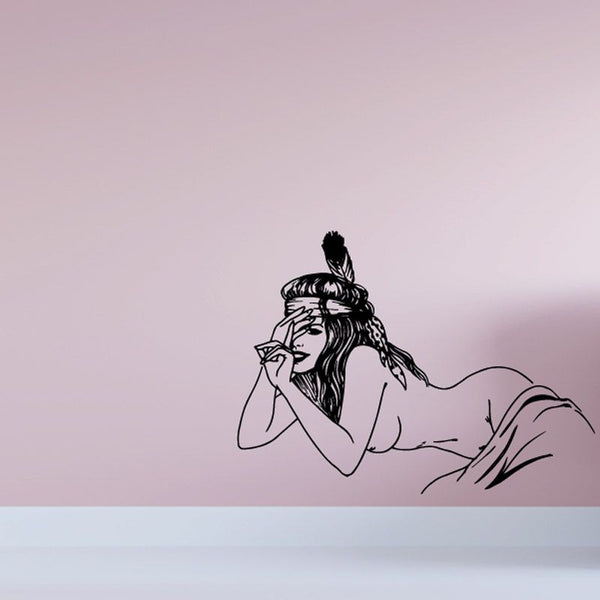 Native American woman line art decal with long hair and headband