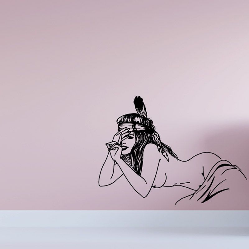 Native American woman line art decal with long hair and headband