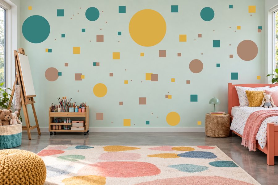 Geometric wall decal kit with large circles and small squares and triangles.