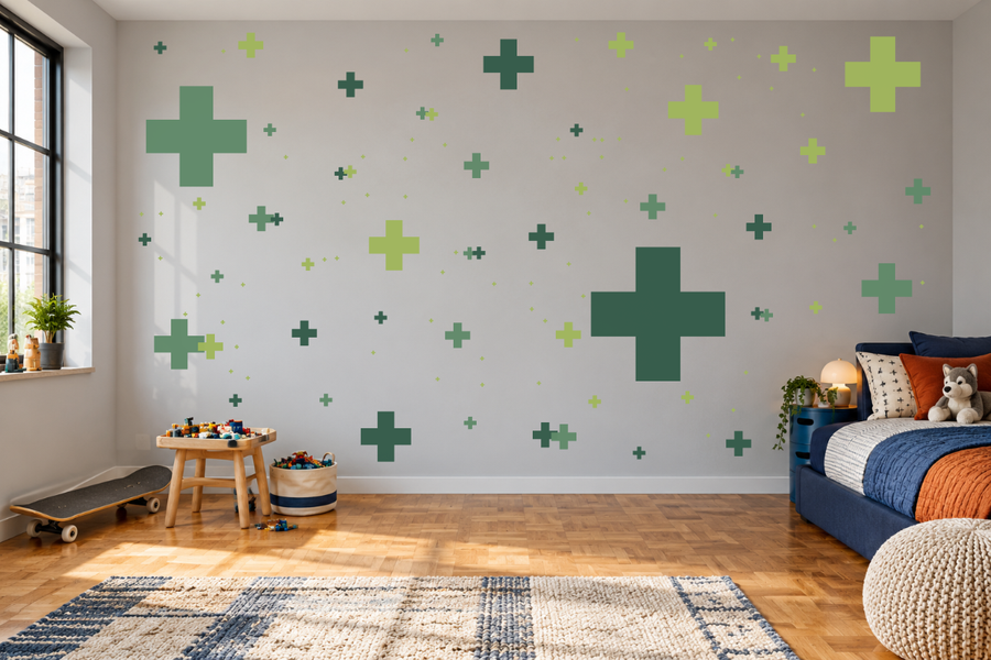 Plus sign wall decal kit with large dark and light green plus decals on wall