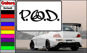 Black POD decal with stylized letters on white background, transfer sticker