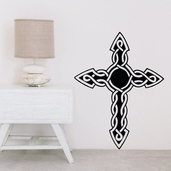 Pointed Celtic cross decal with black interlaced knotwork and white outline
