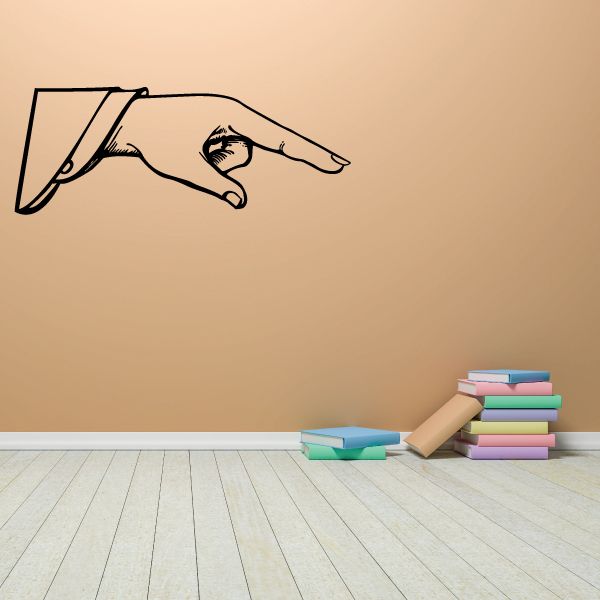 Pointing hand vinyl wall decal with black outline, hand pointing right