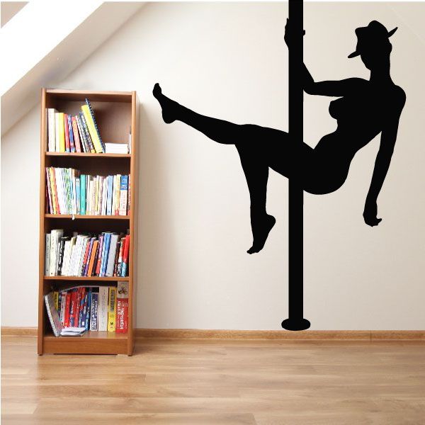 Black cowboy-hat pole dancer wall decal silhouette with pole