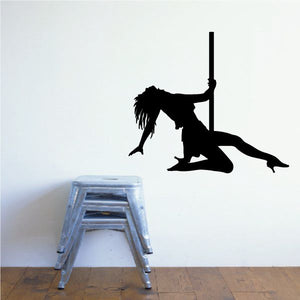 Pole dancer kneeling decal featuring black silhouette beside a pole
