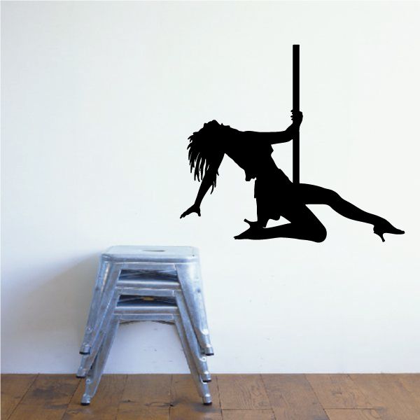 Pole dancer kneeling decal featuring black silhouette beside a pole