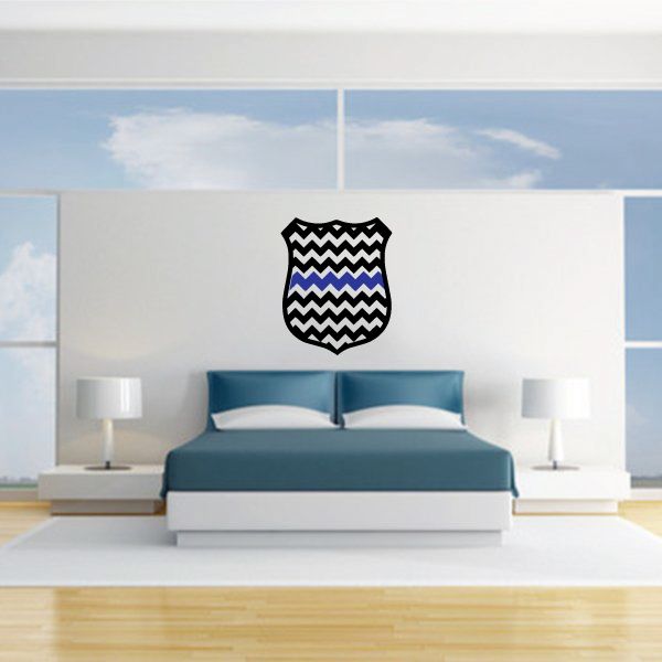Shield-shaped Police Blue Line badge decal with blue and white zigzag chevrons