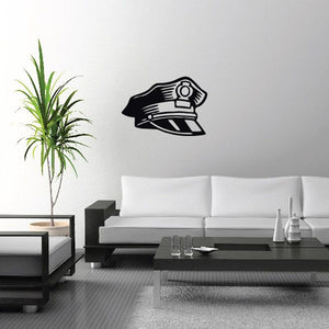 Black police officer hat decal with badge and emblems, flat sticker design