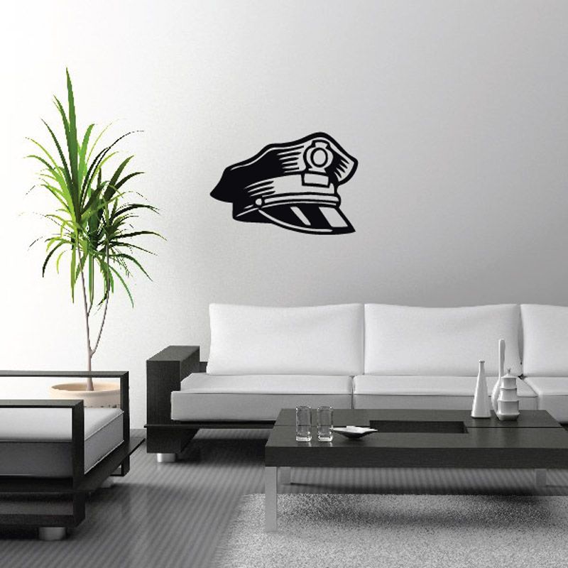 Black police officer hat decal with badge and emblems, flat sticker design