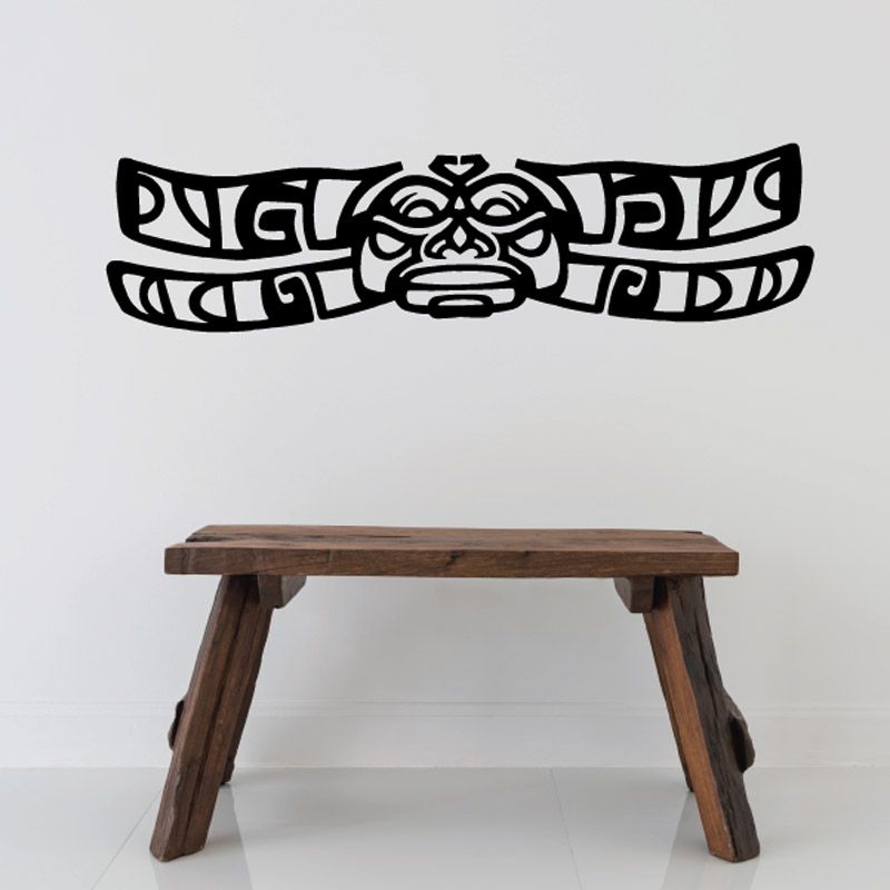 Polynesian tribal banner decal, black design with central face and scrolling patterns