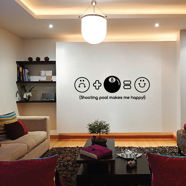 Pool-themed wall decal with 8-ball and cue icon: Shooting pool makes me happy
