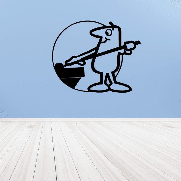 Pool player cartoon decal of black figure holding cue, inside a circular outline.