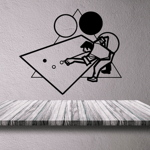 Retro-style player wall decal, black line art figure with bat and speech-bubble shapes