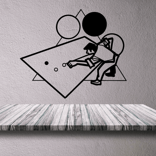 Retro-style player wall decal, black line art figure with bat and speech-bubble shapes