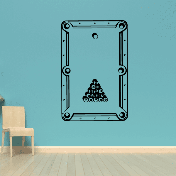 Pool table overview angle wall decal with table outline and ball rack design