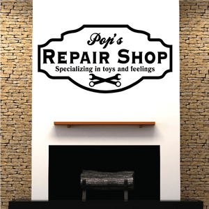 Repair shop decal with 'Pops' and 'Specializing in toys and feelings' lettering