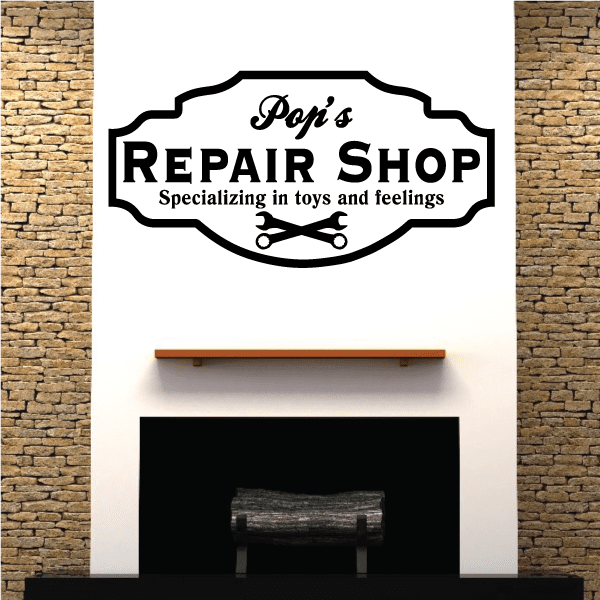 Repair shop decal with 'Pops' and 'Specializing in toys and feelings' lettering