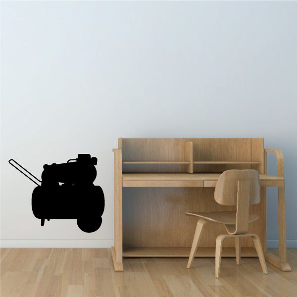 Black air compressor silhouette wall decal with hose and handle.
