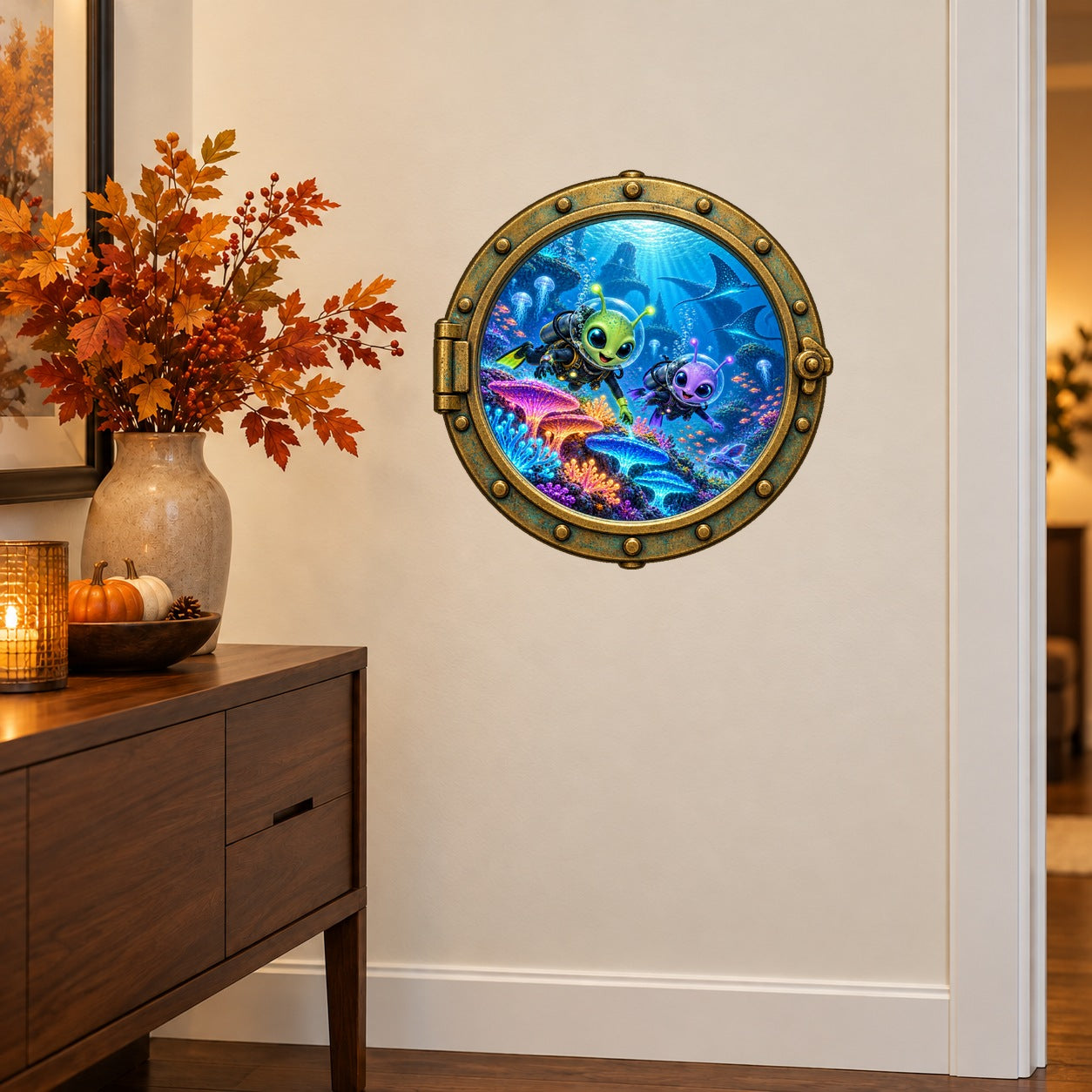 Alien Divers porthole wall sticker with colorful alien divers and underwater scenery