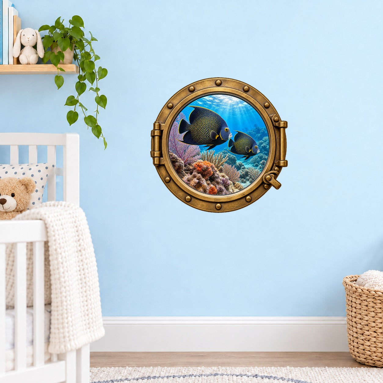 Angelfish porthole wall sticker with two angelfish swimming over a colorful coral reef