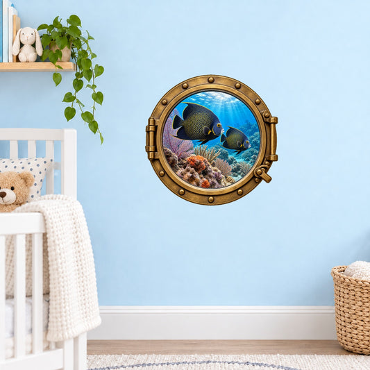 Angelfish porthole wall sticker with two angelfish swimming over a colorful coral reef