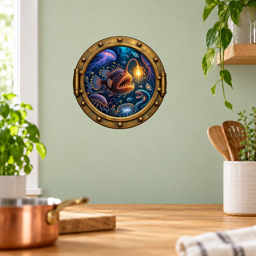 Anglerfish porthole wall sticker with a glowing deep-sea fish inside a bronze-look round frame