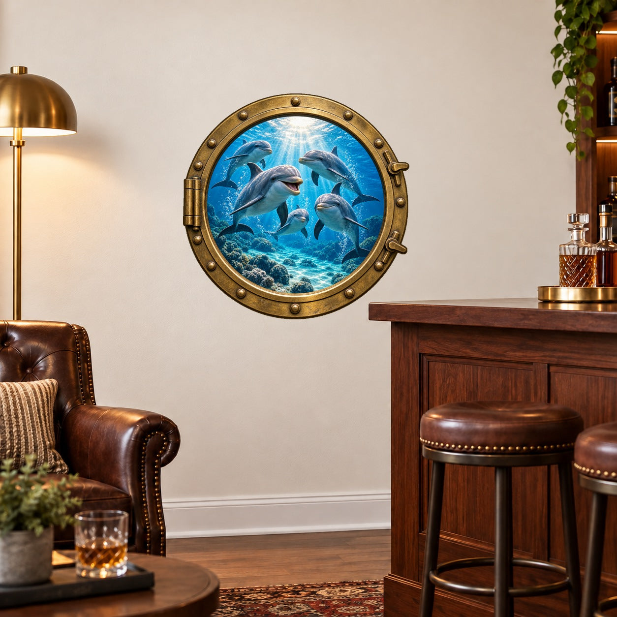 Dolphins porthole wall sticker with a brass-look frame and blue underwater scene
