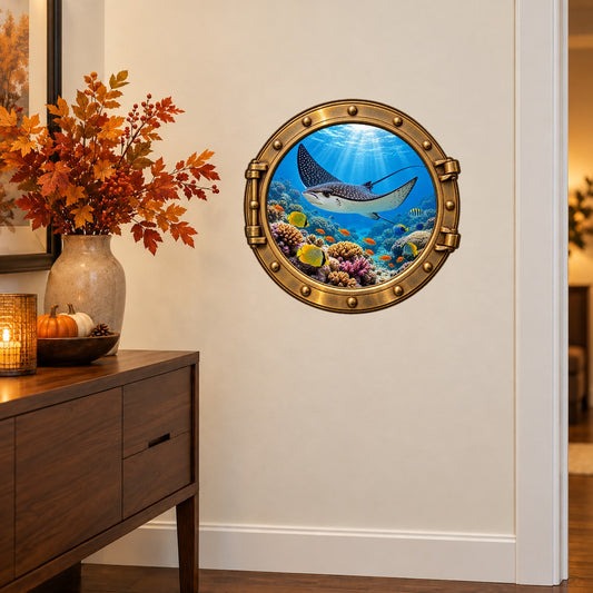 Round porthole wall sticker with a swimming eagle ray and colorful coral reef