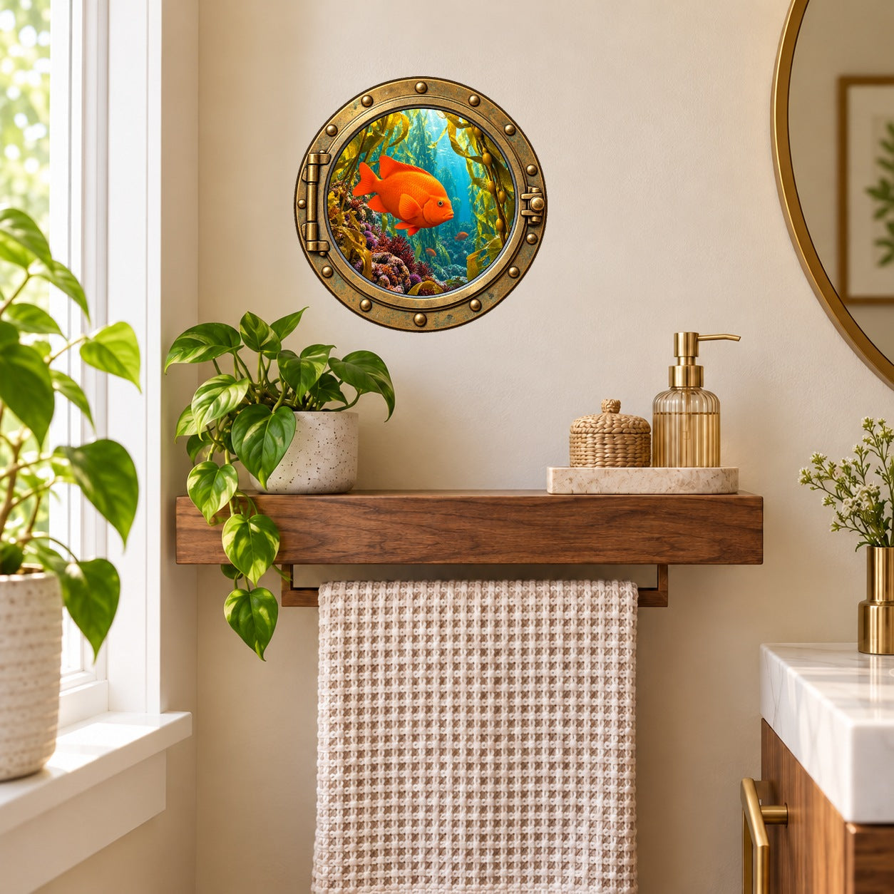 Garibaldi porthole wall sticker with an orange fish and colorful underwater coral scene
