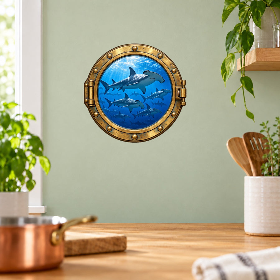 Round porthole wall sticker with a bronze frame and blue underwater hammerhead sharks