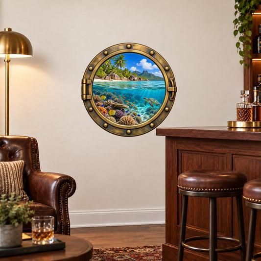 Round porthole wall sticker with a tropical island, turquoise water, coral, and bronze-style frame