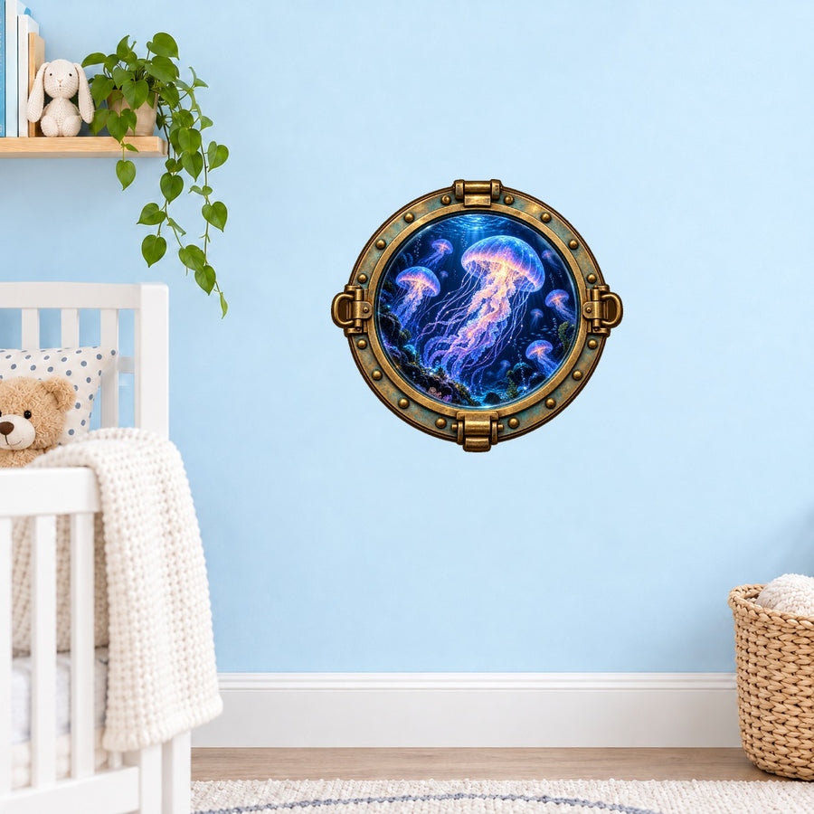 Jellyfish porthole wall sticker with glowing purple jellyfish in a bronze-look frame