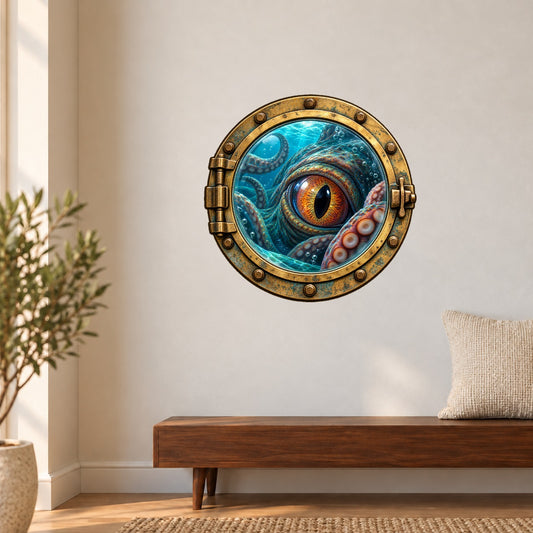 Kraken porthole wall sticker with a brass-style frame, tentacles, and a large orange eye