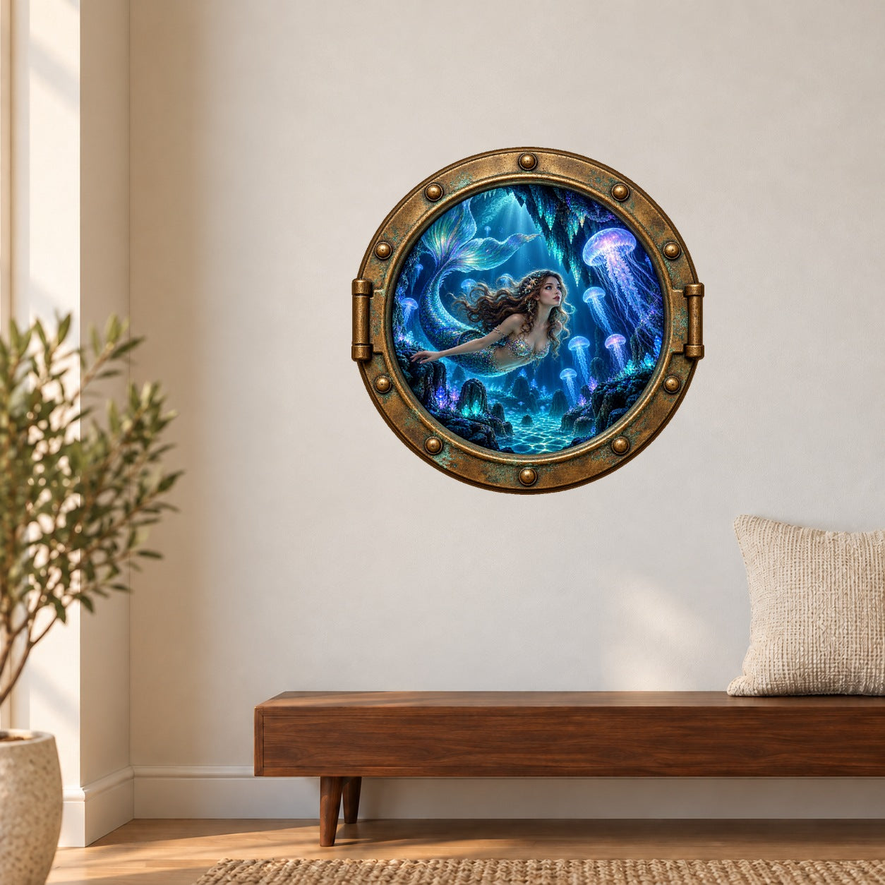 Round porthole wall sticker with an underwater mermaid grotto scene and bronze-style frame
