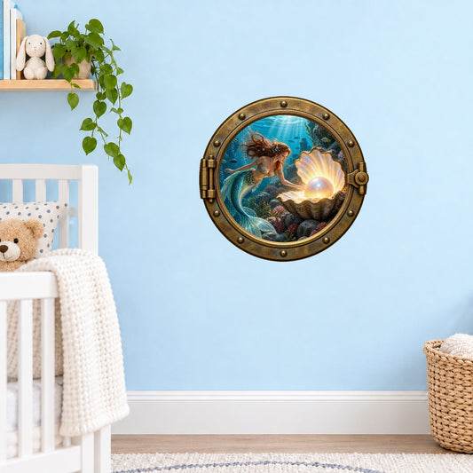 Mermaid pearl porthole wall sticker with a bronze frame and underwater scene