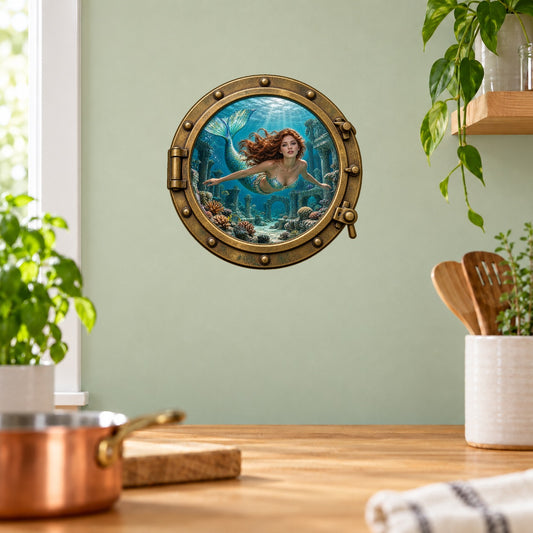 Round porthole wall sticker with a mermaid swimming among underwater ruins