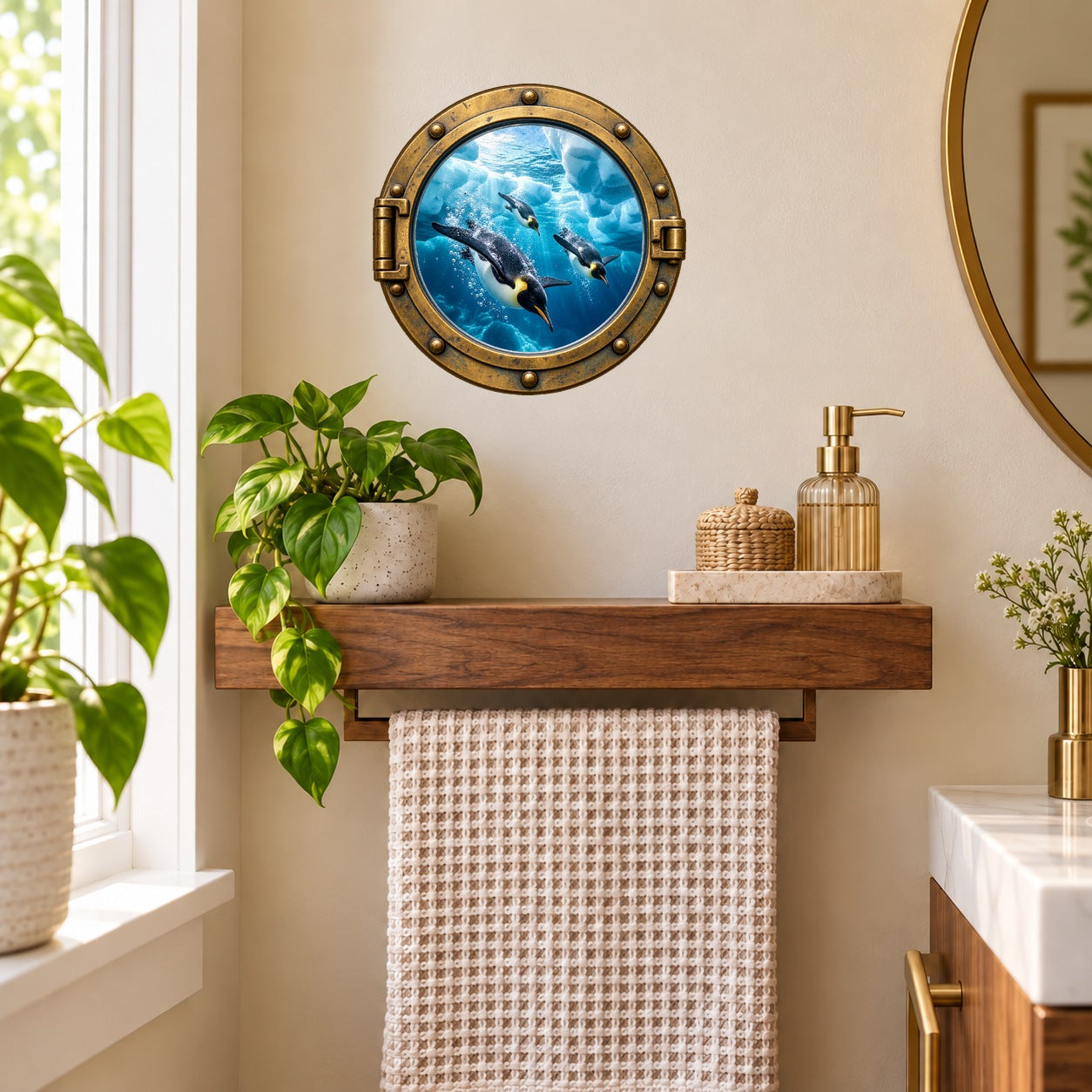 Penguins porthole wall sticker showing penguins swimming underwater in a brass-style frame