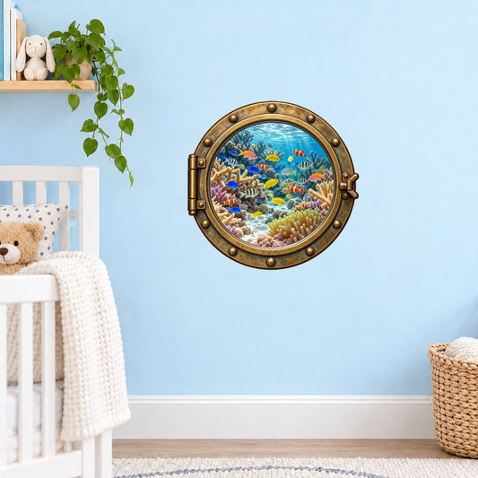 Reef nursery porthole wall sticker with a colorful underwater coral reef scene