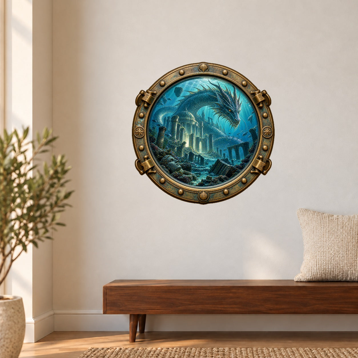 Sea Dragon Porthole Wall Sticker with a bronze circular frame and blue underwater dragon scene