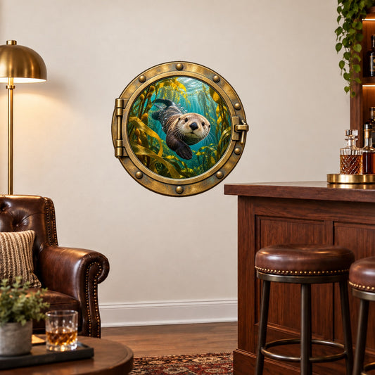 Sea otter porthole wall sticker with a swimming otter, underwater plants, and bronze-look frame