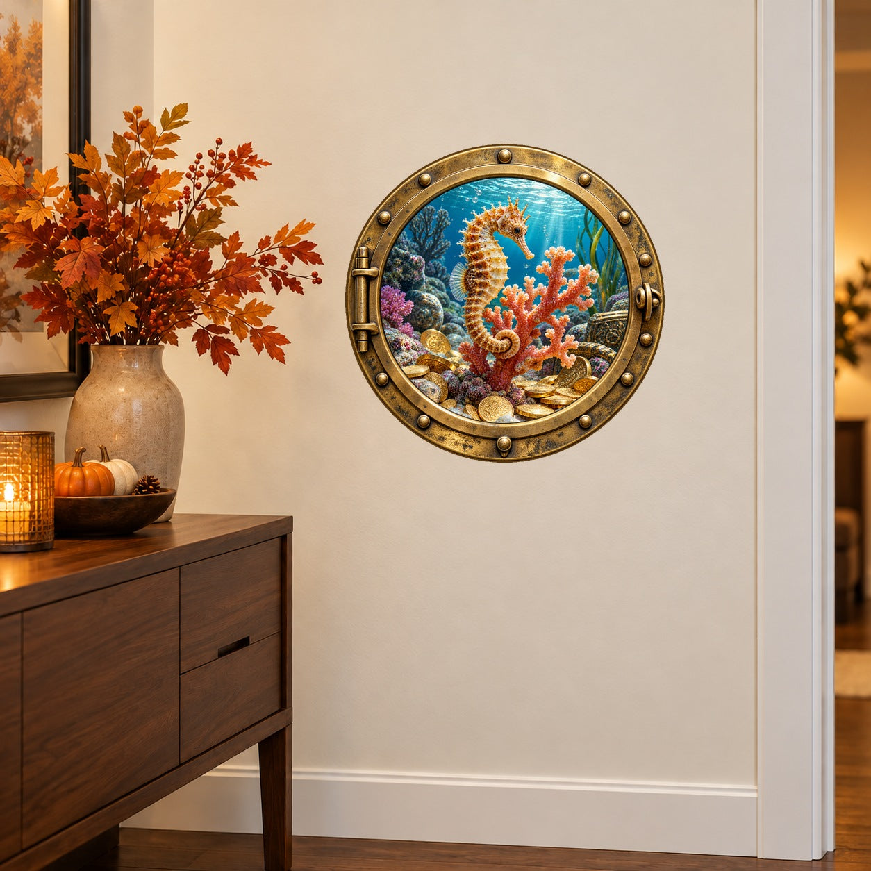 Seahorse porthole wall sticker with a brass-look frame and colorful coral reef scene