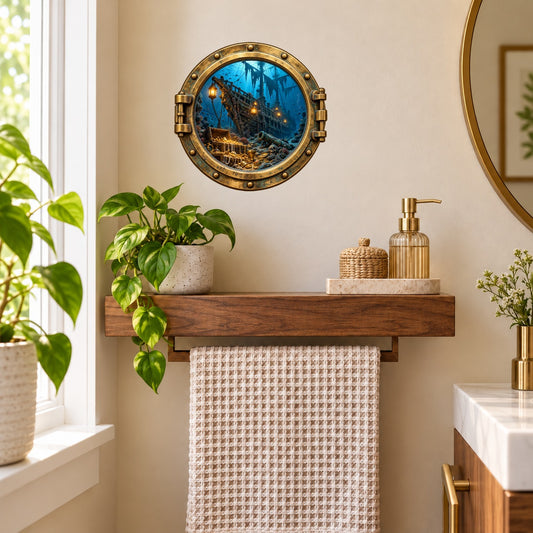 Shipwreck porthole wall sticker showing an underwater wreck in a brass-look circular frame