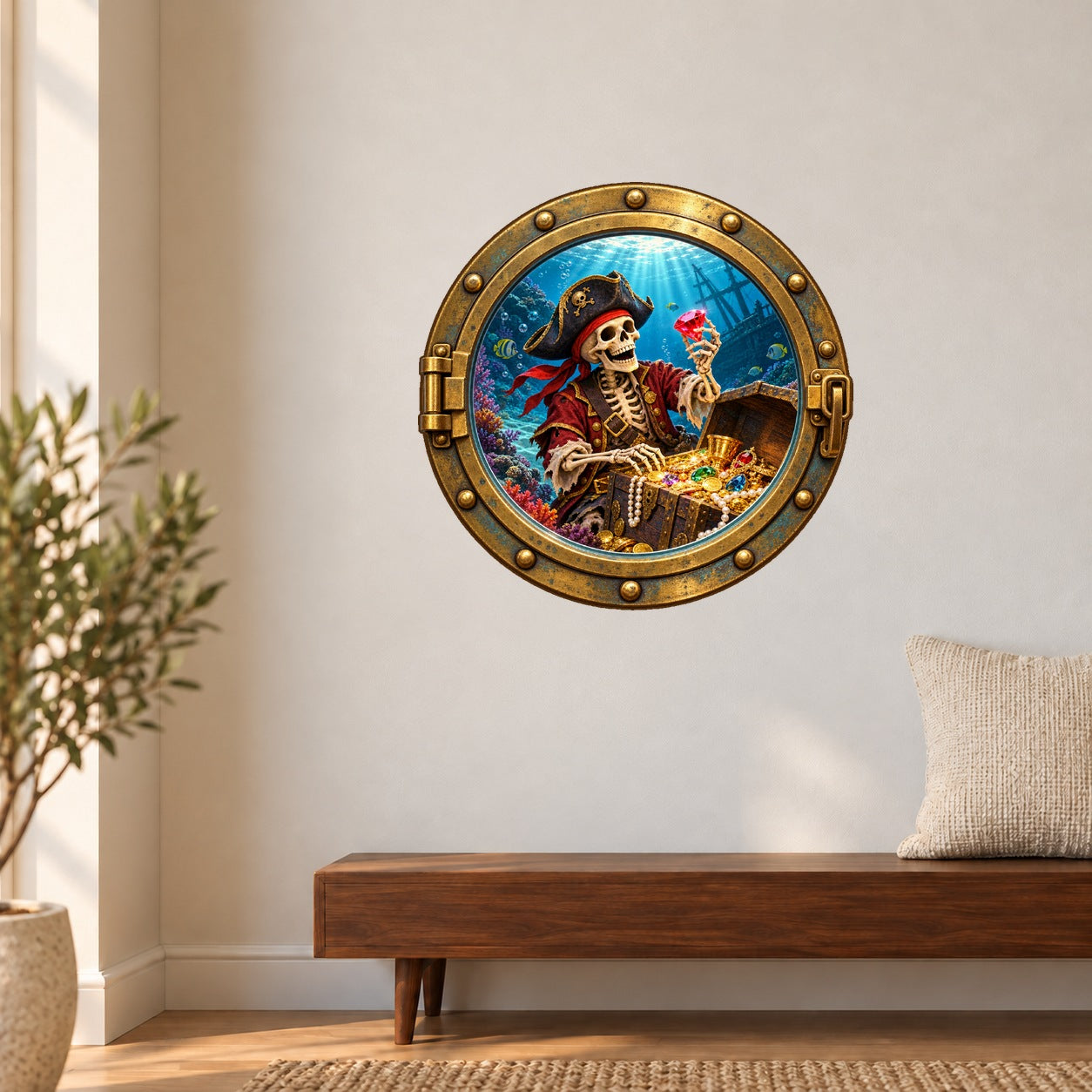 Round porthole wall sticker with a skeleton pirate holding a jeweled skull beside treasure