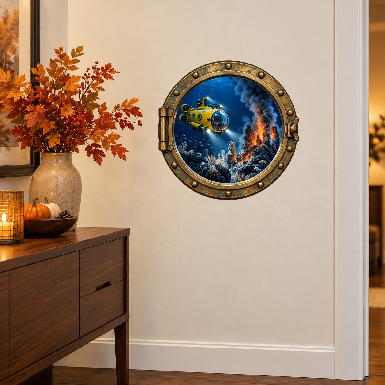 Round submarine porthole wall sticker with a yellow submarine and underwater scene