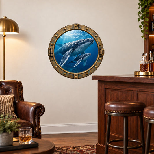 Round porthole wall sticker with a large whale and calf swimming underwater
