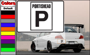 Portishead decal with black logo text and large letter P on a white square