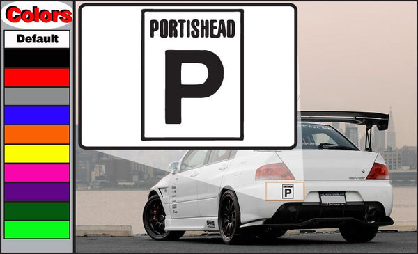 Portishead decal with black logo text and large letter P on a white square