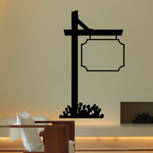 Vinyl wall decal of a signpost with blank rectangular sign and decorative base